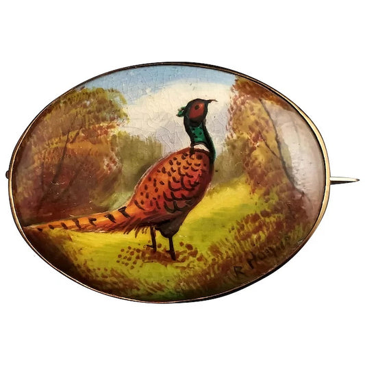 Antique enamelled Pheasant brooch Minton