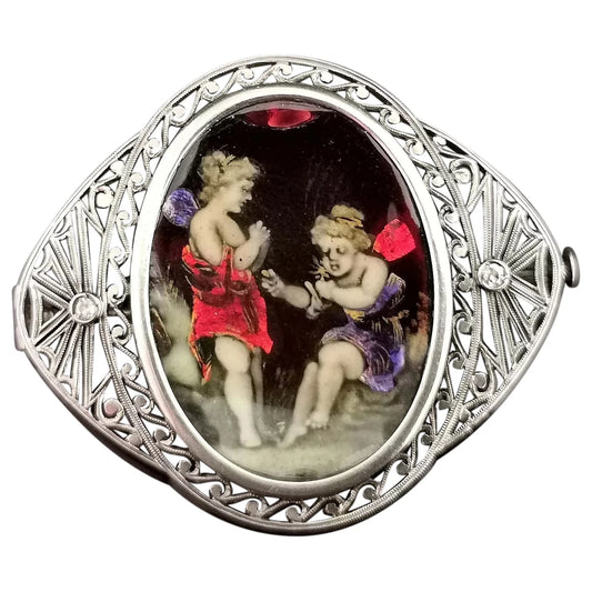 Antique enamelled fairies brooch, 18ct gold and Diamond, Art Nouveau