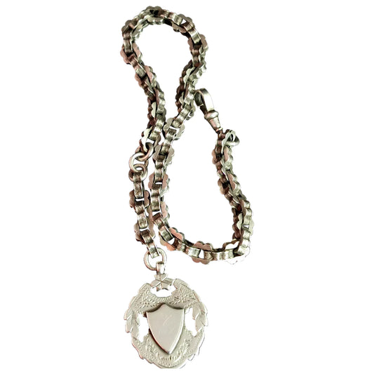 Antique fancy link sterling silver Albert chain, watch chain, fob