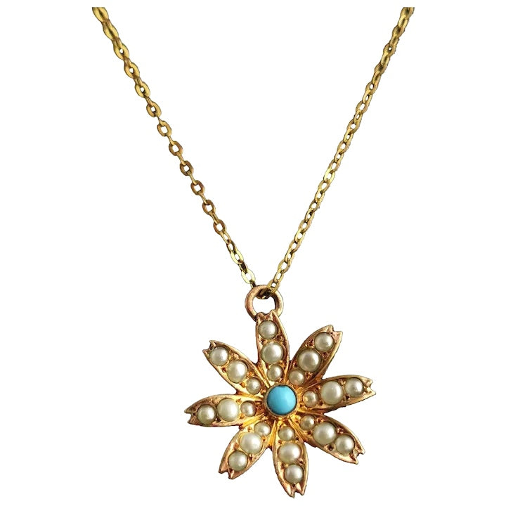 Antique flower pendant necklace, turquoise and seed pearl, Edwardian