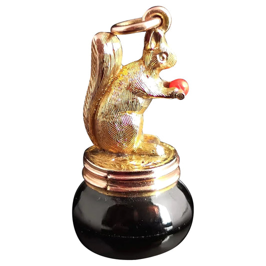 Antique gold squirrel figural seal fob, 9ct gold, Banded agate and coral