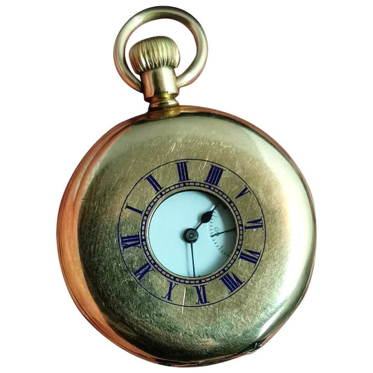 Antique half hunter pocket watch, Gold plated, Waltham Mass