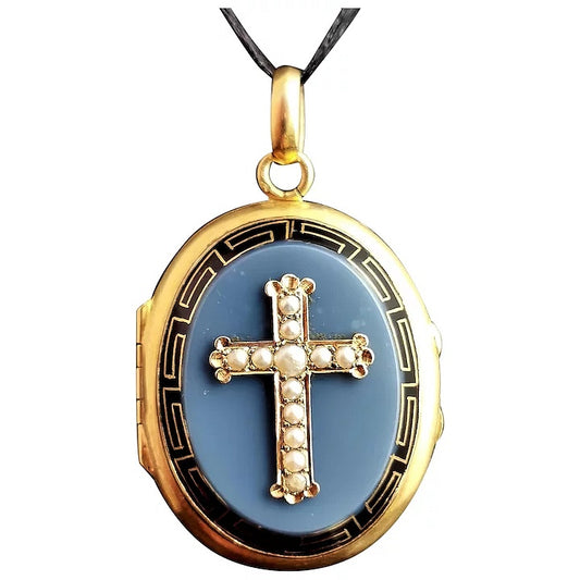 Antique Mourning locket, 18ct gold, Chalcedony, Pearl Cross, Victorian