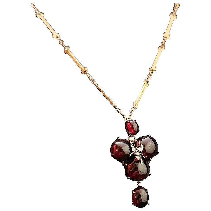 Antique mourning pendant, Diamond fly, Bohemian garnet, 18ct gold necklace