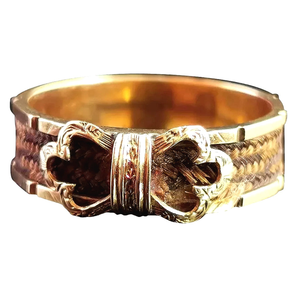 Antique mourning ring, hair, Victorian 15ct gold