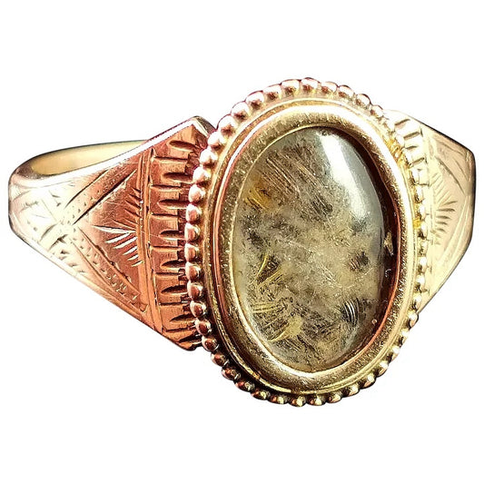 Antique mourning ring, 9ct engraved gold, hairwork