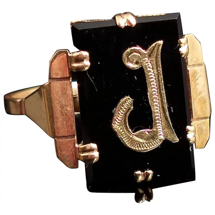 Antique Mourning ring, initial J, onyx and 9ct gold, Art Deco