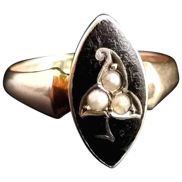 Antique Navette Mourning Ring, black enamel and pearl, Ivy leaf, 9ct yellow gold