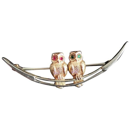 Antique Owls and Crescent brooch, Sterling silver, 9ct gold, Paste stone