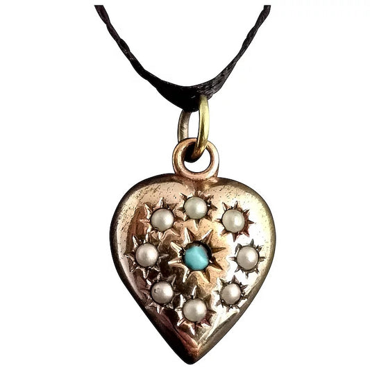 Antique puffy heart pendant, seed pearl and turquoise, gold plated