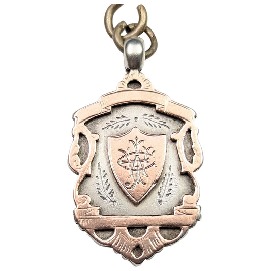 Antique Shield fob pendant, silver and 9ct rose gold