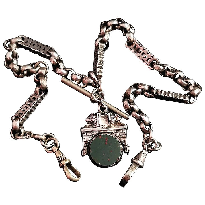Antique silver Albert chain, Fancy link, Lion swivel fob, watch chain