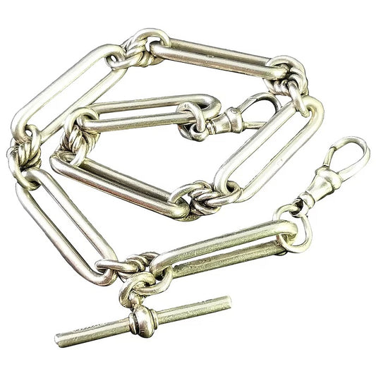 Antique Victorian silver Albert chain, watch chain, Trombone link