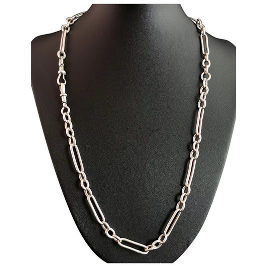 Antique silver Albert chain, watch chain necklace, Trombone link, Victorian