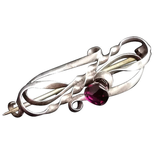 Antique sterling silver and Amethyst paste Thistle brooch, Charles Horner