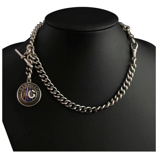 Antique silver Double Albert chain, enamelled silver fob