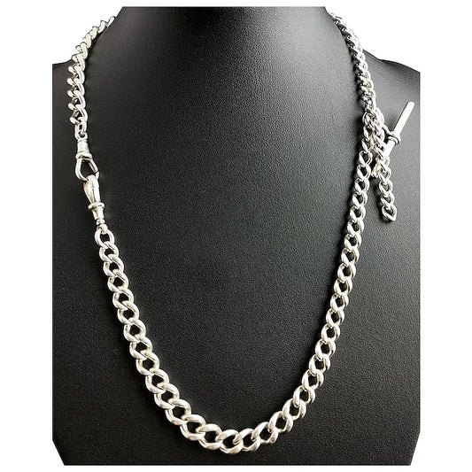 Antique silver Double Albert chain, watch chain necklace, heavy