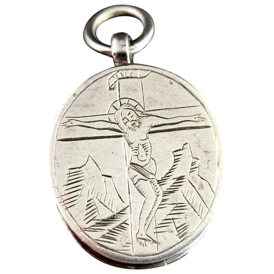 Antique silver reliquary locket pendant, INRI, mourning