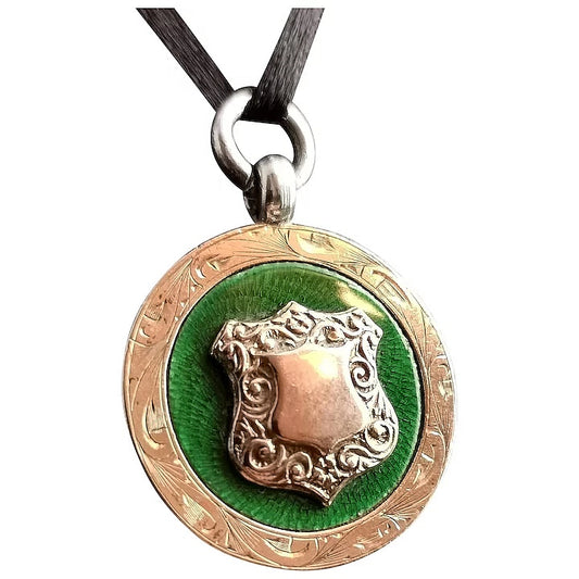 Art Deco silver, 9ct Rose gold and guilloche enamel fob pendant