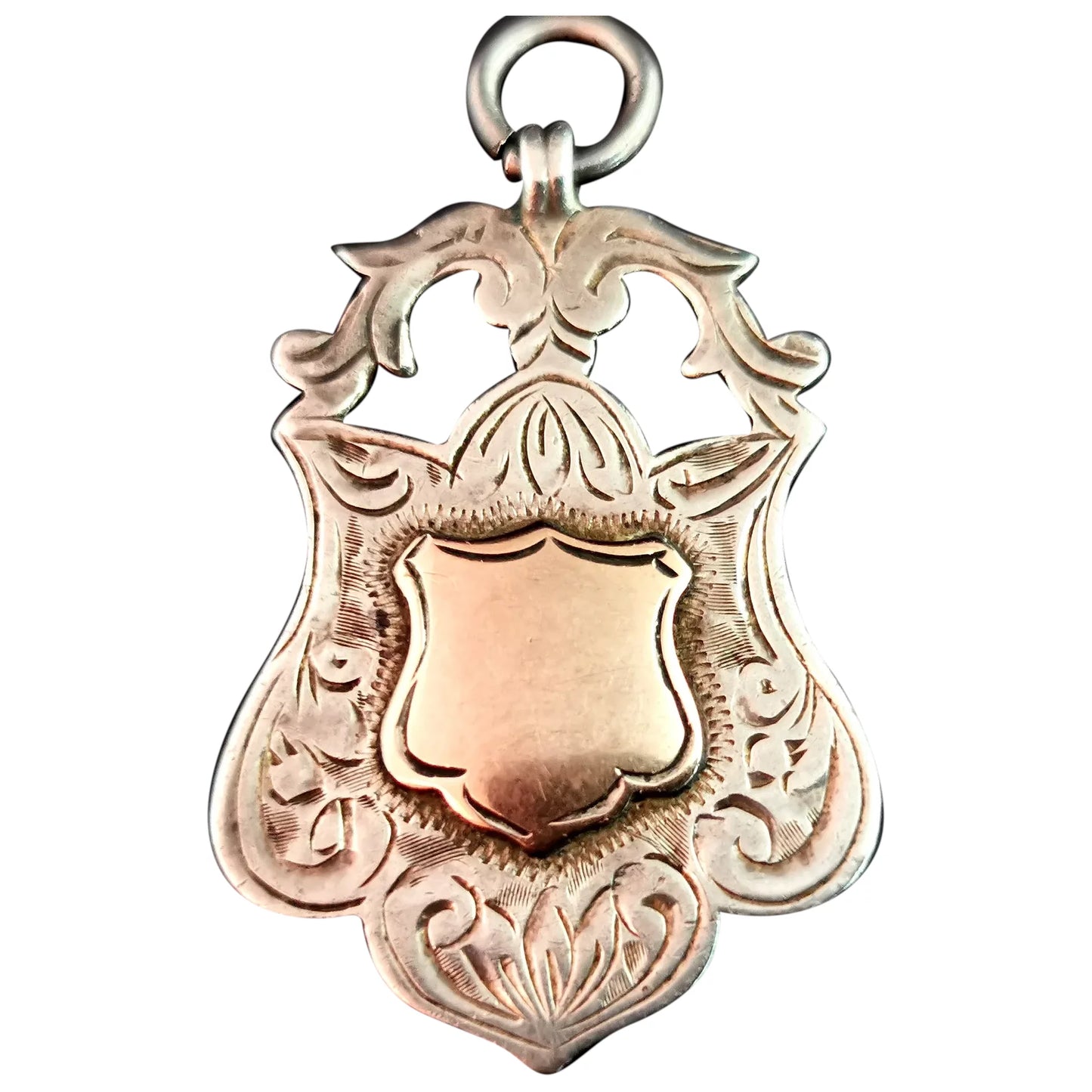 Antique Art Deco silver shield fob pendant, watch fob, 9ct Rose gold