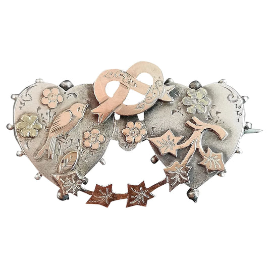 Antique Silver Sweetheart brooch, 9ct gold, Swallow, lovers knot