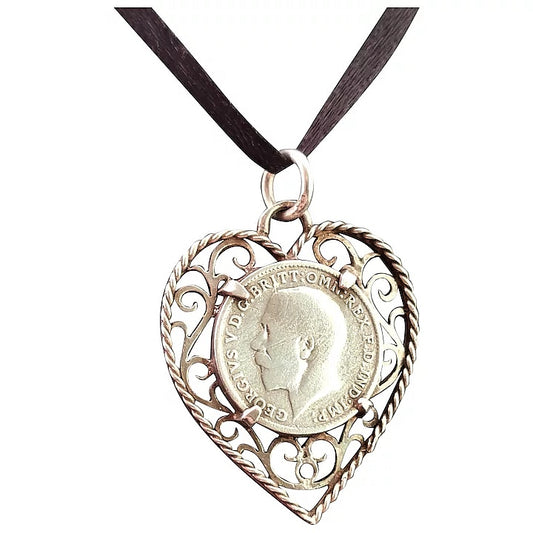 Antique silver coin pendant, love heart, filigree
