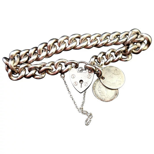 Antique silver curb link bracelet, heavy, Edwardian, coin charms