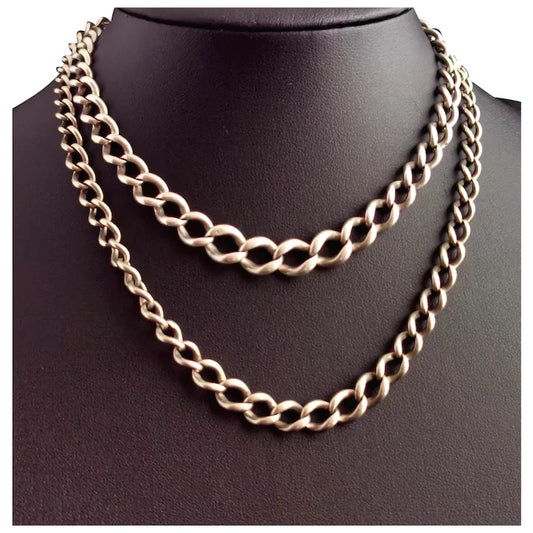 Antique silver curb link long chain necklace