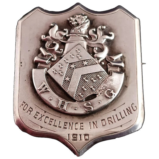 Antique silver pin, Heraldic lion, Edwardian