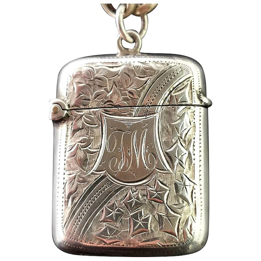 Antique silver vesta case, Edwardian, ivy leaf engraved