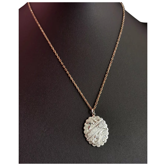 Antique silver Love Mother pendant, Ivy leaf, necklace