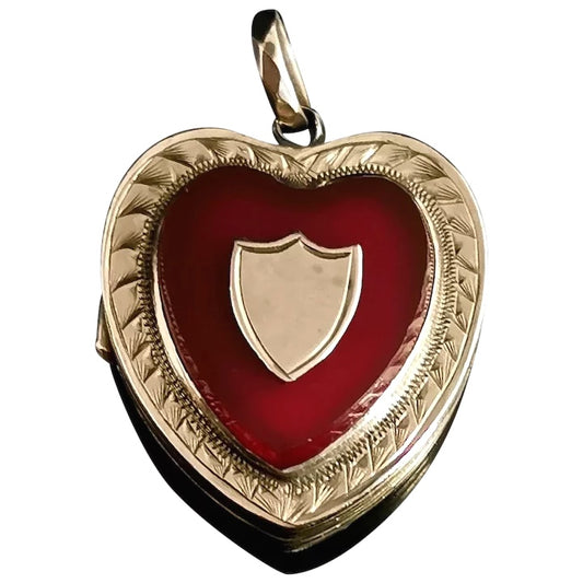 Art Deco 9ct gold heart locket, faux Carnelian, pendant