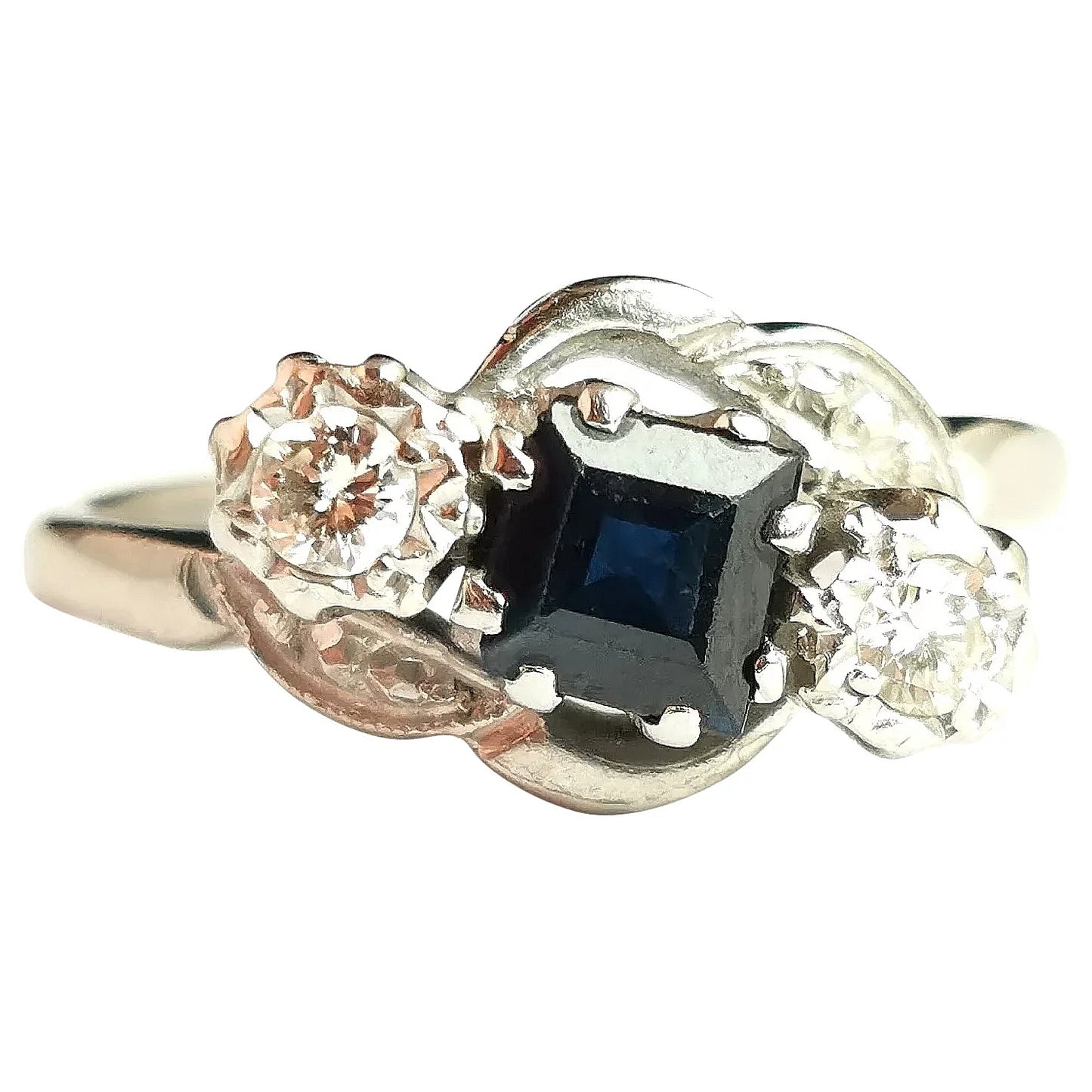 Art Deco French cut Sapphire and diamond ring, 18ct white gold