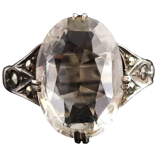 Vintage Art Deco Rock Crystal and Marcasite ring, sterling silver, c1920s