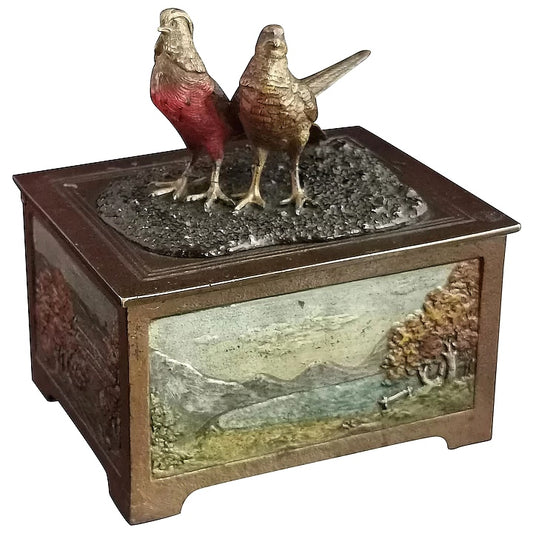 Art Deco cold painted bronze casket, box, Pheasants