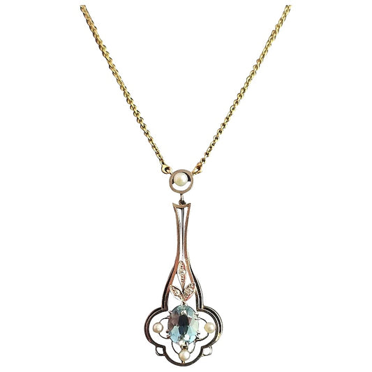 Art Deco pendant necklace, Aquamarine, diamond and pearl, platinum and 15ct gold