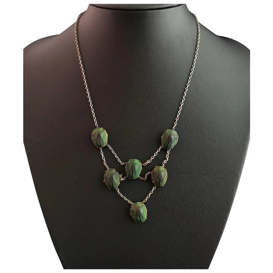 Art Deco real scarab beetle festoon necklace