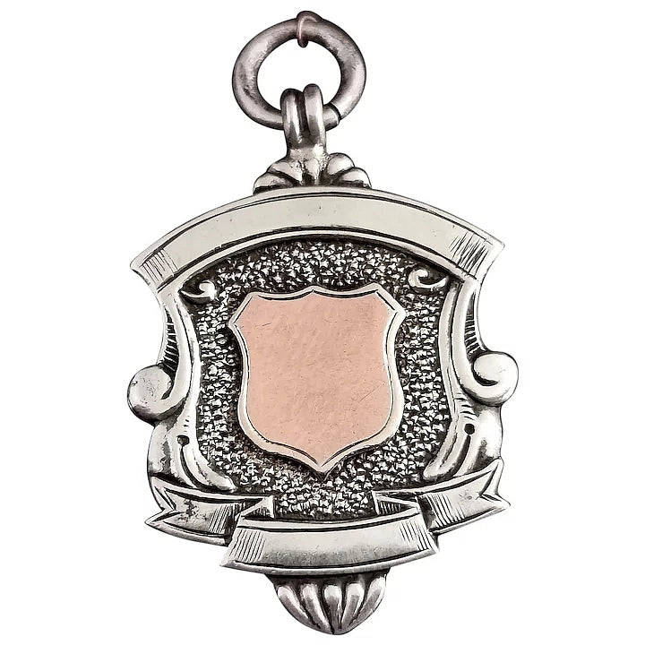 Vintage Art Deco silver and Rose gold shield fob pendant, watch fob
