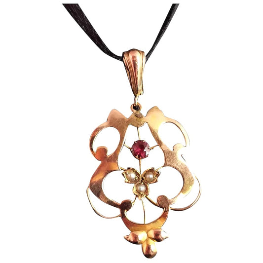 Antique Art Nouveau lavalier pendant, Ruby and pearl, 9ct gold