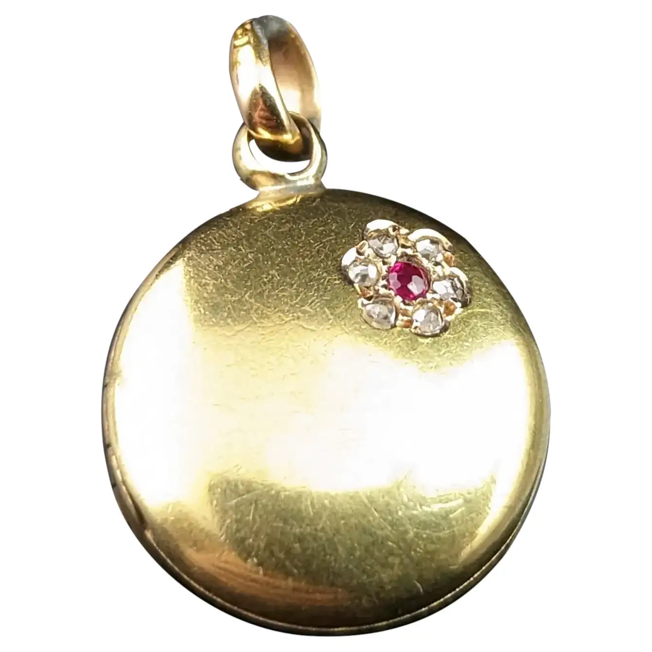 Dainty Antique 15ct gold Ruby and Diamond locket pendant, floral