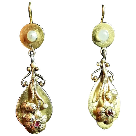 Antique Georgian 18ct gold drop earrings, Ruby, floral