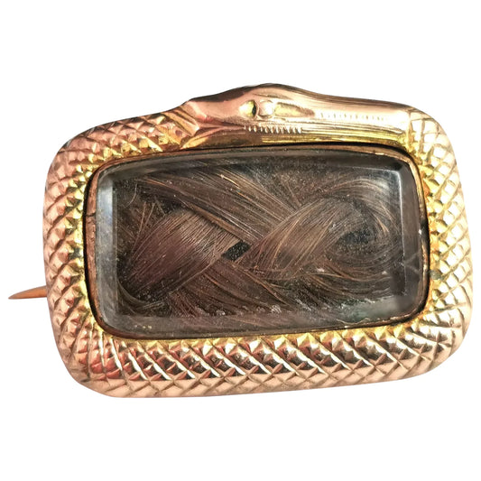 Antique Georgian Ouroboros mourning brooch, 9ct gold, Hairwork, Snake pin