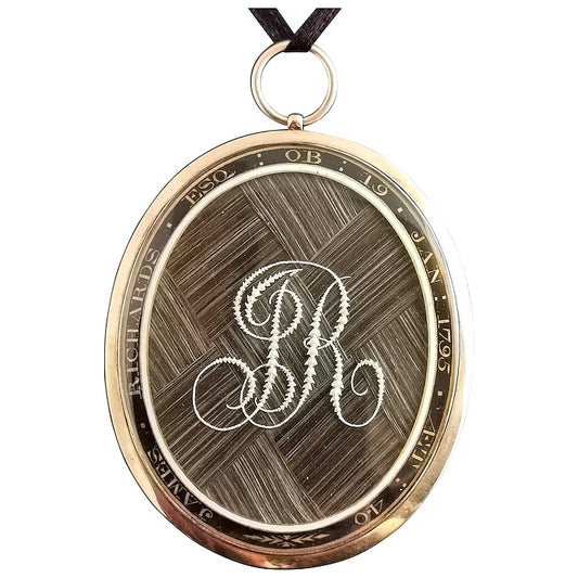 Georgian mourning locket pendant, 9ct gold, blue enamel and pearl, Hairwork