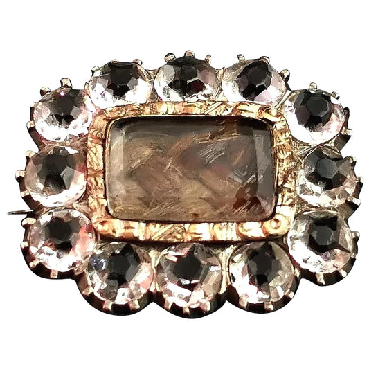 Antique Georgian mourning brooch, 9ct gold, hairwork and paste