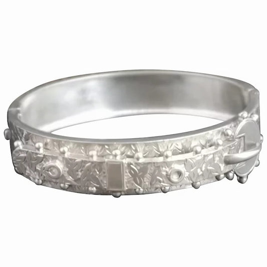 Victorian silver buckle bangle, antique aesthetic engraved
