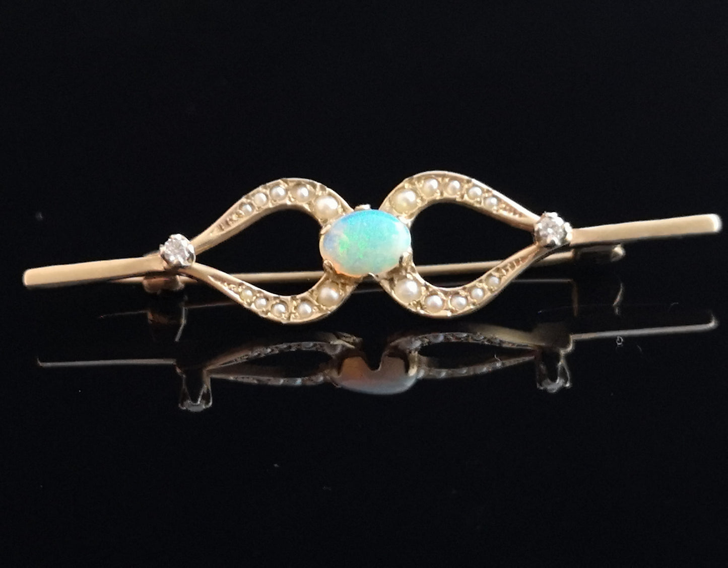 Vintage gold Opal, diamond and pearl brooch
