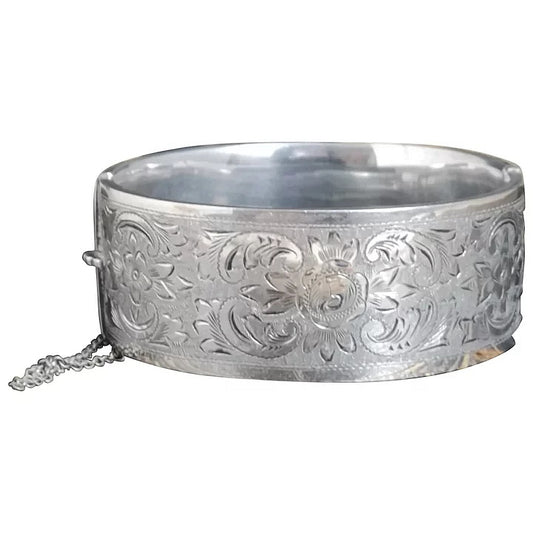 Antique silver cuff bangle, Victorian floral aesthetic