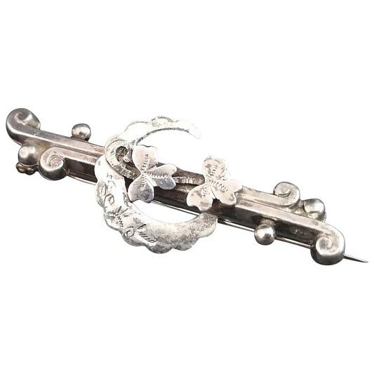 Antique silver crescent and shamrock brooch