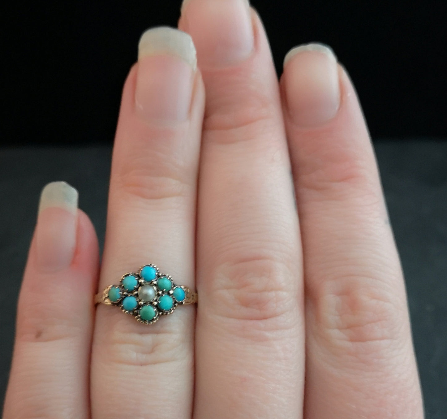 Antique turquoise and pearl ring, 15ct gold