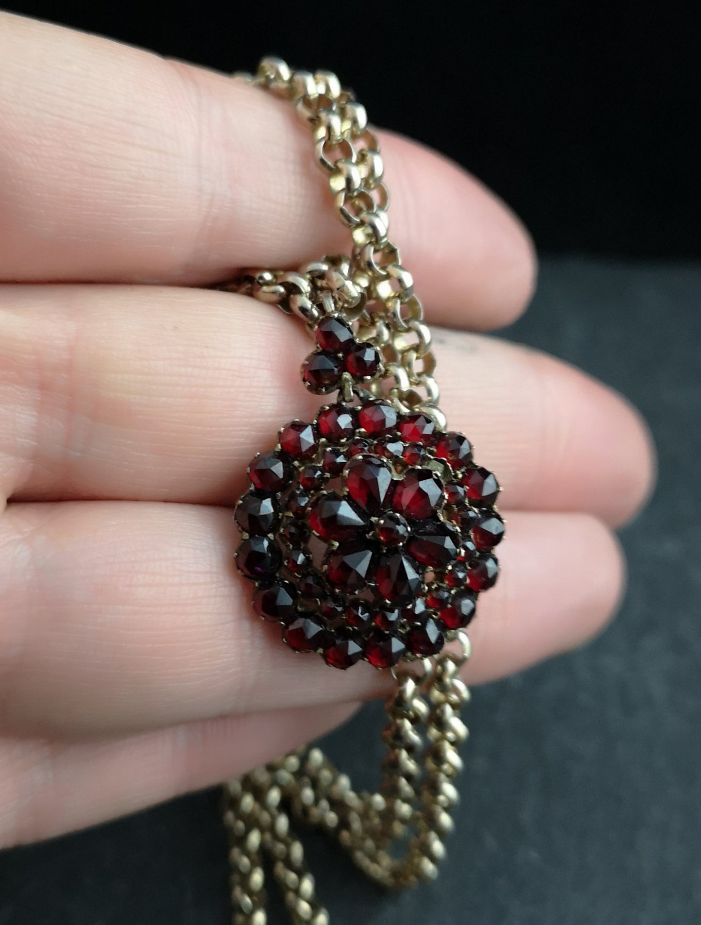 Victorian bohemian garnet pendant, forget me not
